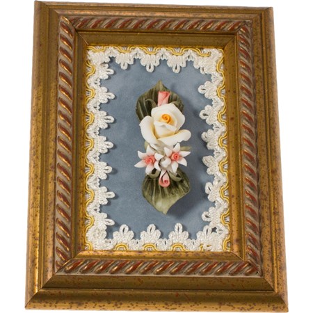 quadretto in legno con decoro in porcellana