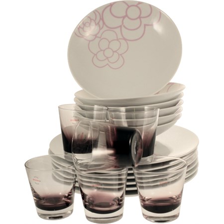 set sei piatti in porcellana blossom glicine con omaggio 6 bicchieri in vetro