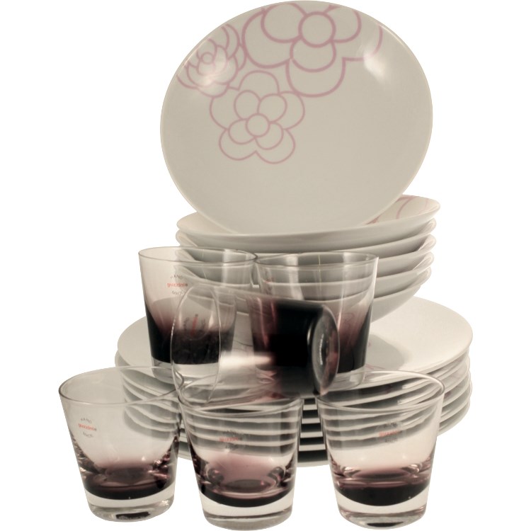 Set Sei Piatti In Porcellana Blossom Glicine Con Omaggio 6 Bicchieri In Vetro